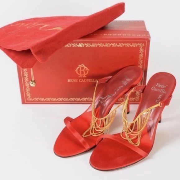 Rene Caovilla Red and Gold Chain Heels - Picture 8 of 8